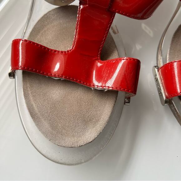 Michael Kors• Red Leather Sandals Platform Heels Silver Buckled Clear Heel - Picture 6 of 13